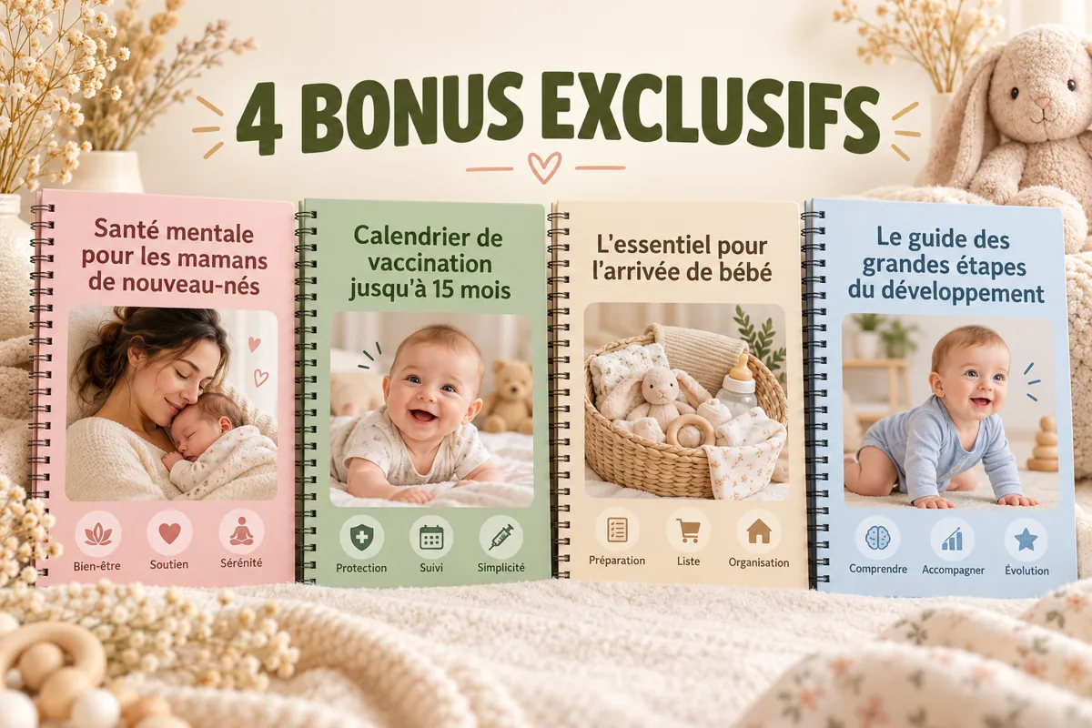 4 bonus exclusifs : santé mentale pour les mamans de nouveau-nés, calendrier de vaccination jusqu'à 15 mois, l'essentiel pour l'arrivée de bébé et guide des grandes étapes du développement
